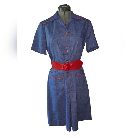 Vintage blue dress with red bandana accents‎ - Picture 2 of 4